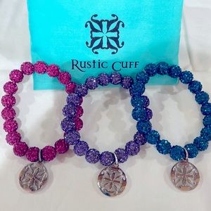 3 Rustic Cuff beaded bracelets with silver charm. (Purple, Teal, Hot Pink)